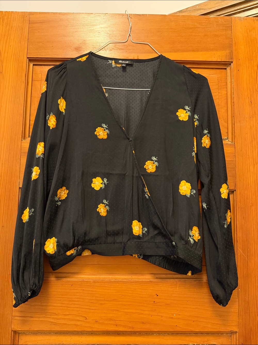 Madewell Black Long-Sleeve Floral Wrap Blouse with Yellow Flowers